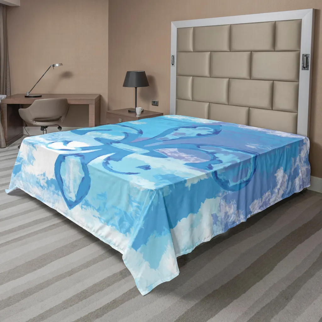 Drap de Lit Plat Bleu avec Motif Fleur de Lys pour Décoration Royale