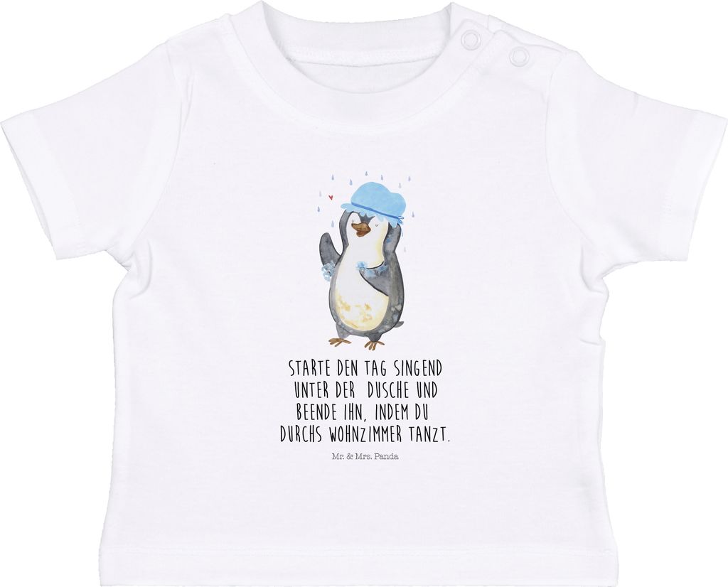 Mr. & Mrs. Panda Babyshirt Pinguin Duschen 6. - 12. Monat - Weiß - Geschenk, Organic Baby T-Shirt, Shirt, Dusche, Kinder, , Oberteil, Lebensmotto,...