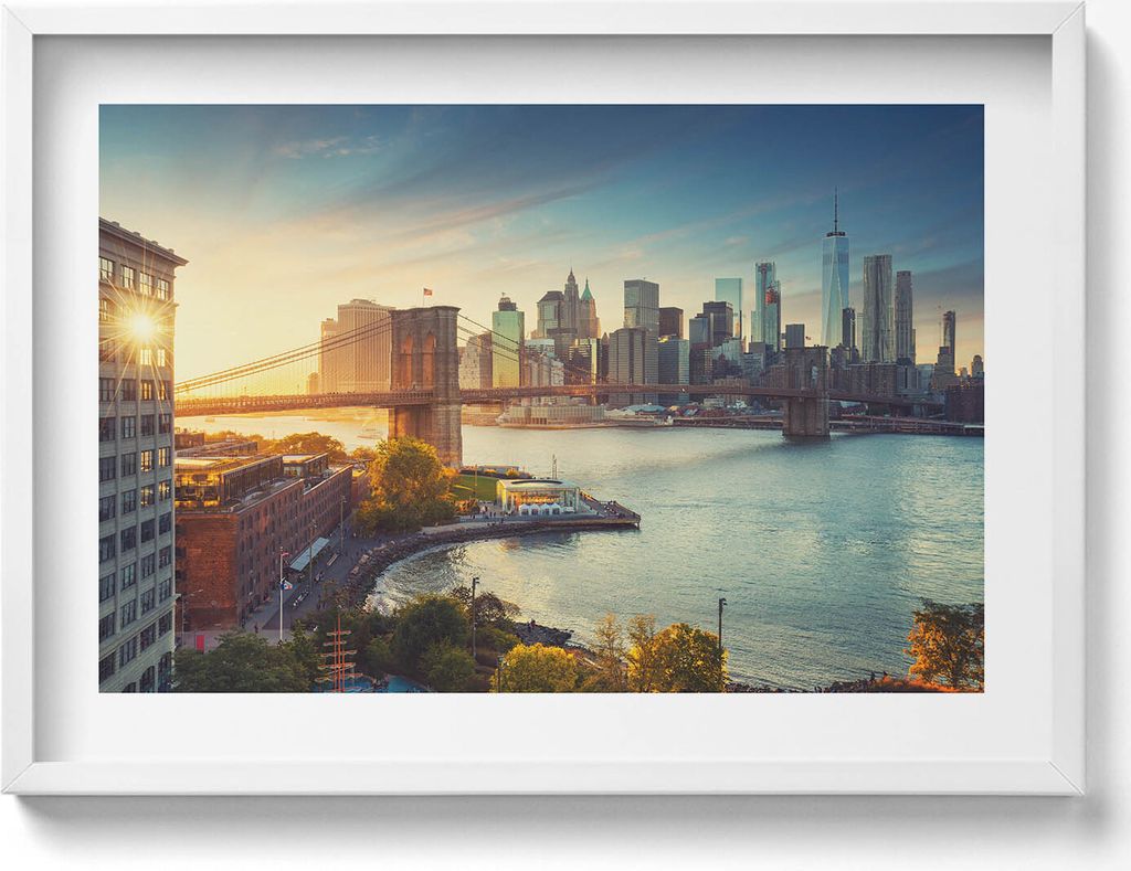 New York Manhattan Brooklyn-Brücke– Wandbild mit Rahmen – Gerahmtes Bild – Wanddekoration – 70x50 cm – Schwarz Rahmen