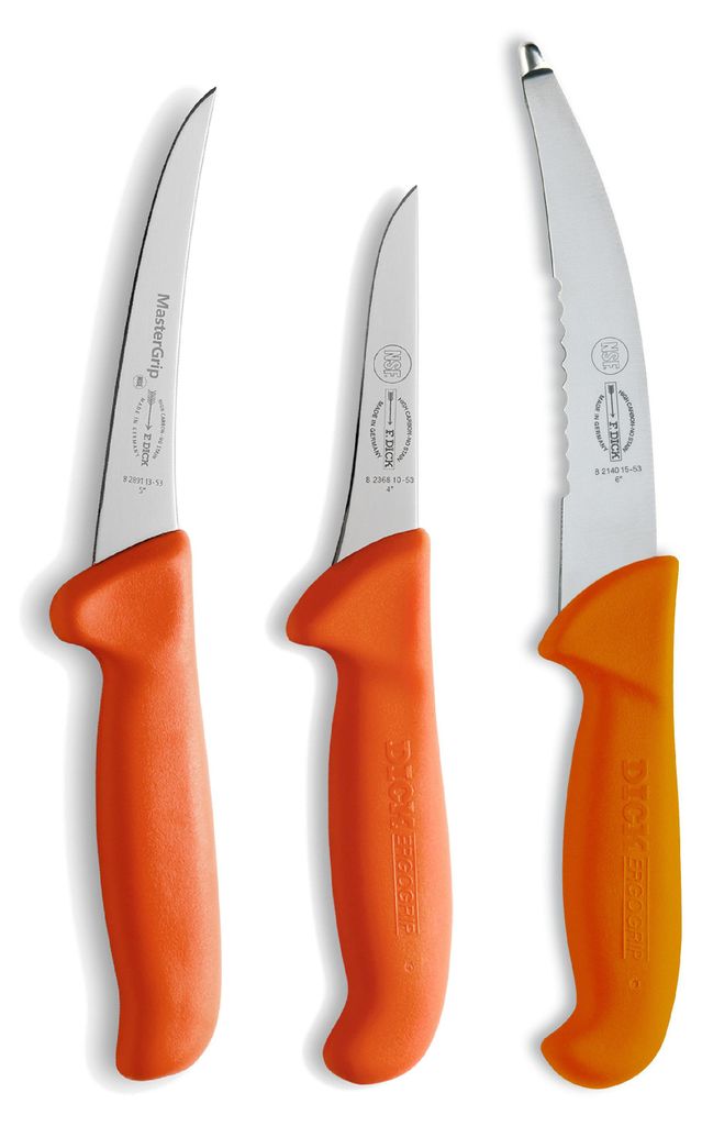 Three knives with orange handles are arranged diagonally on a white background.