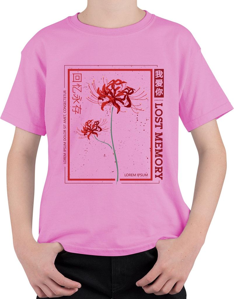 LOST MEMORY Rote Spinnenlilie Higanbana japanisch Streetwear Uni Kinder T-Shirt, Pink, 128