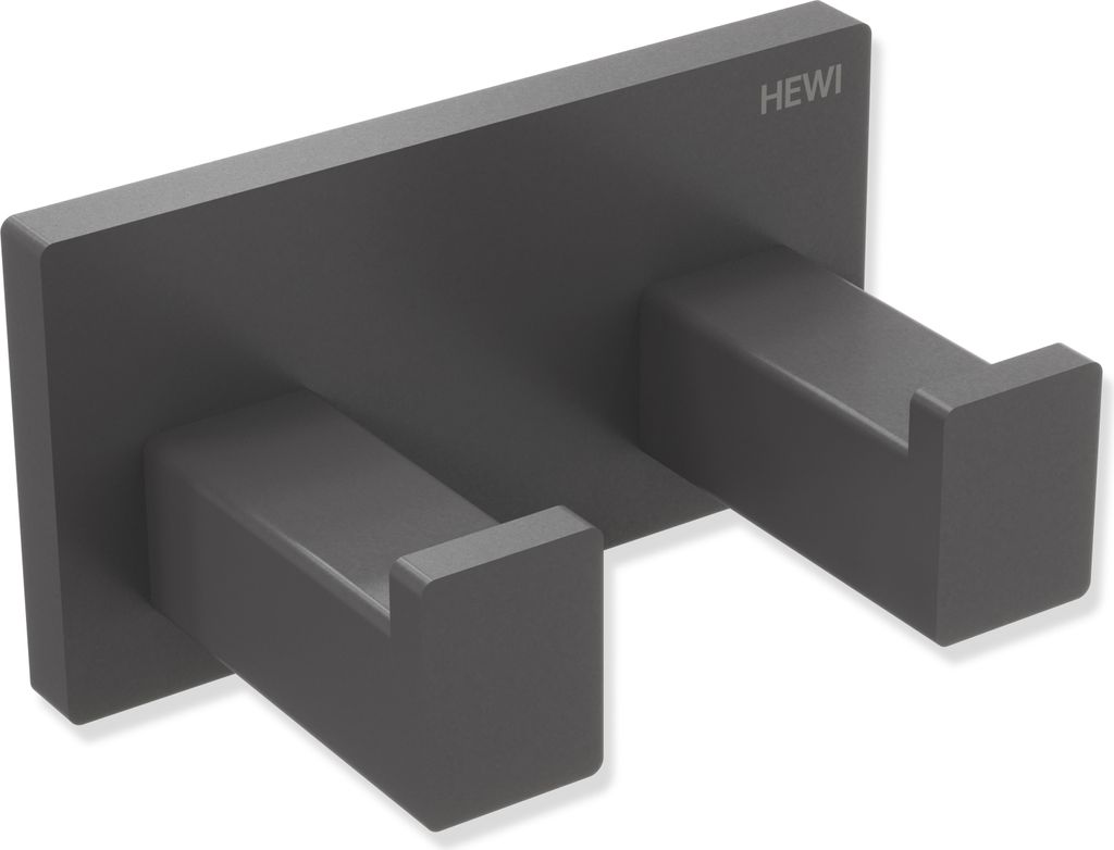 HEWI Doppelhaken, Edelstahl, pulverbeschichtet, Breite 75 mm, Tiefe 44 mm, in HEWI Farbe SC (Dunkelgrau Perlglimmer tiefmatt)