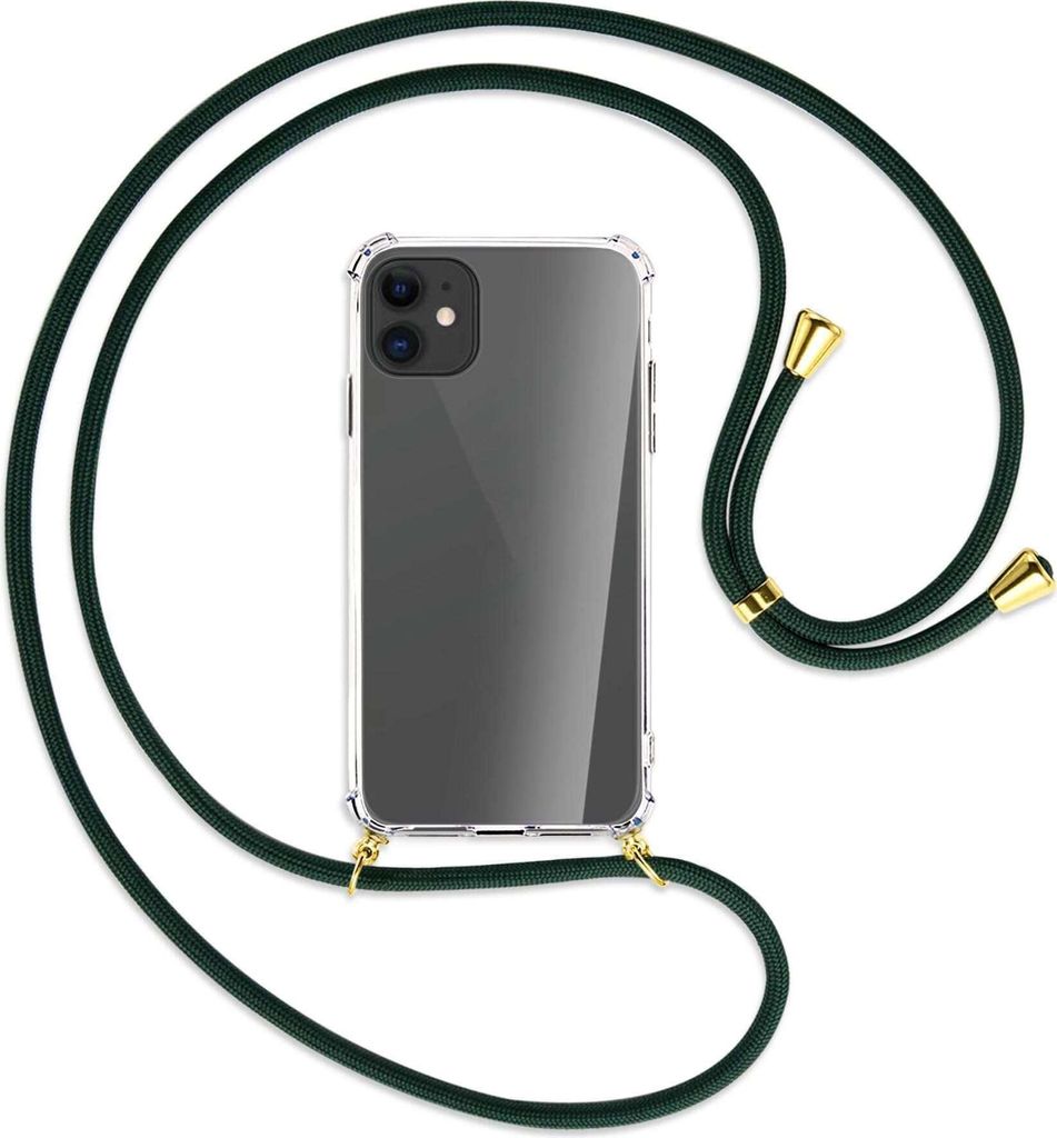 Handykette Backcover-Schutzhülle mit Band (Metall goldfarben) für Apple iPhone 11 - dunkelgrün