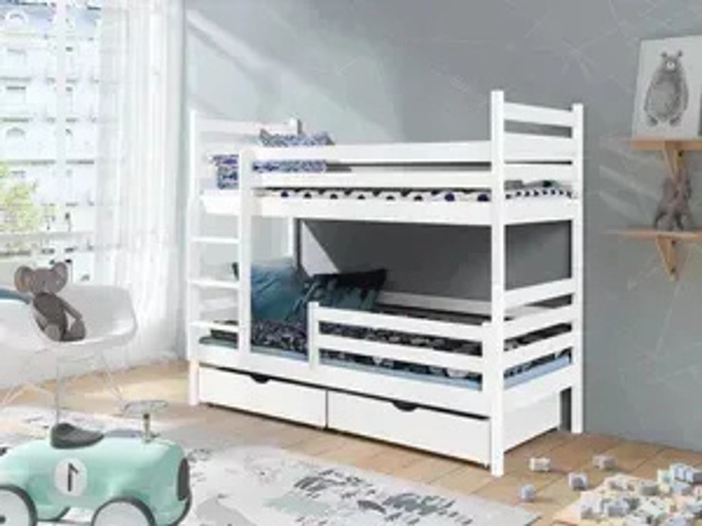 KEF Adalbert Etagenbett Kinder 90x190 cm KEF Adalbert Etagenbett Kinder Holz Kinderbett für Zwei Kinder Leiter Universal ohne Matratze Weiß 90x19...