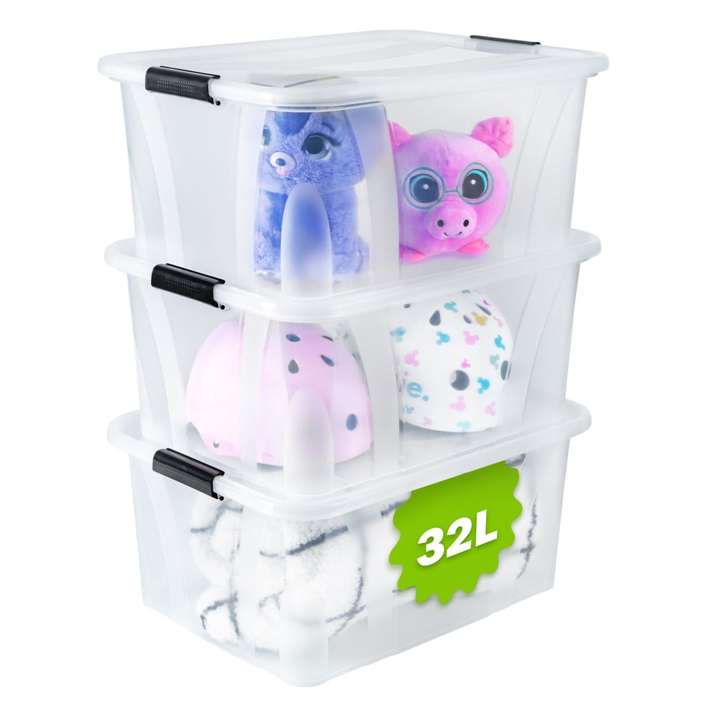 KONZEPT 32L Aufbewahrungsbox mit Deckel 3er Set, sicher verschlossen, lebensmittelecht, stapelbar, transparent, Plastikboxen, Boxen Aufbewahrung