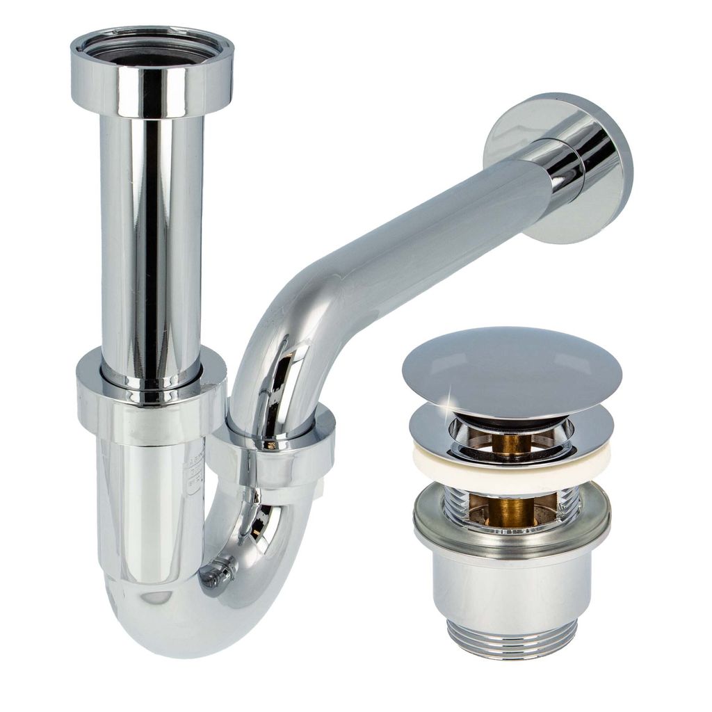 tecuro Siphon extra lang mit Pop Up Ablaufventil verchromt - Universal Set für Waschtisch / Waschbecken