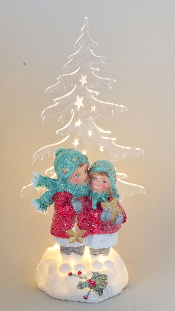Deko Winterkinder Paar Acryl Tanne LED + Timer Mädchen Junge Kind Skulptur Figur
