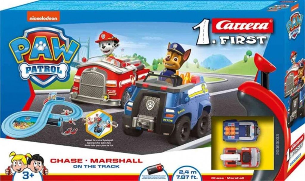 The image shows the packaging of a Carrera First Paw Patrol race track set, featuring toy cars and characters.