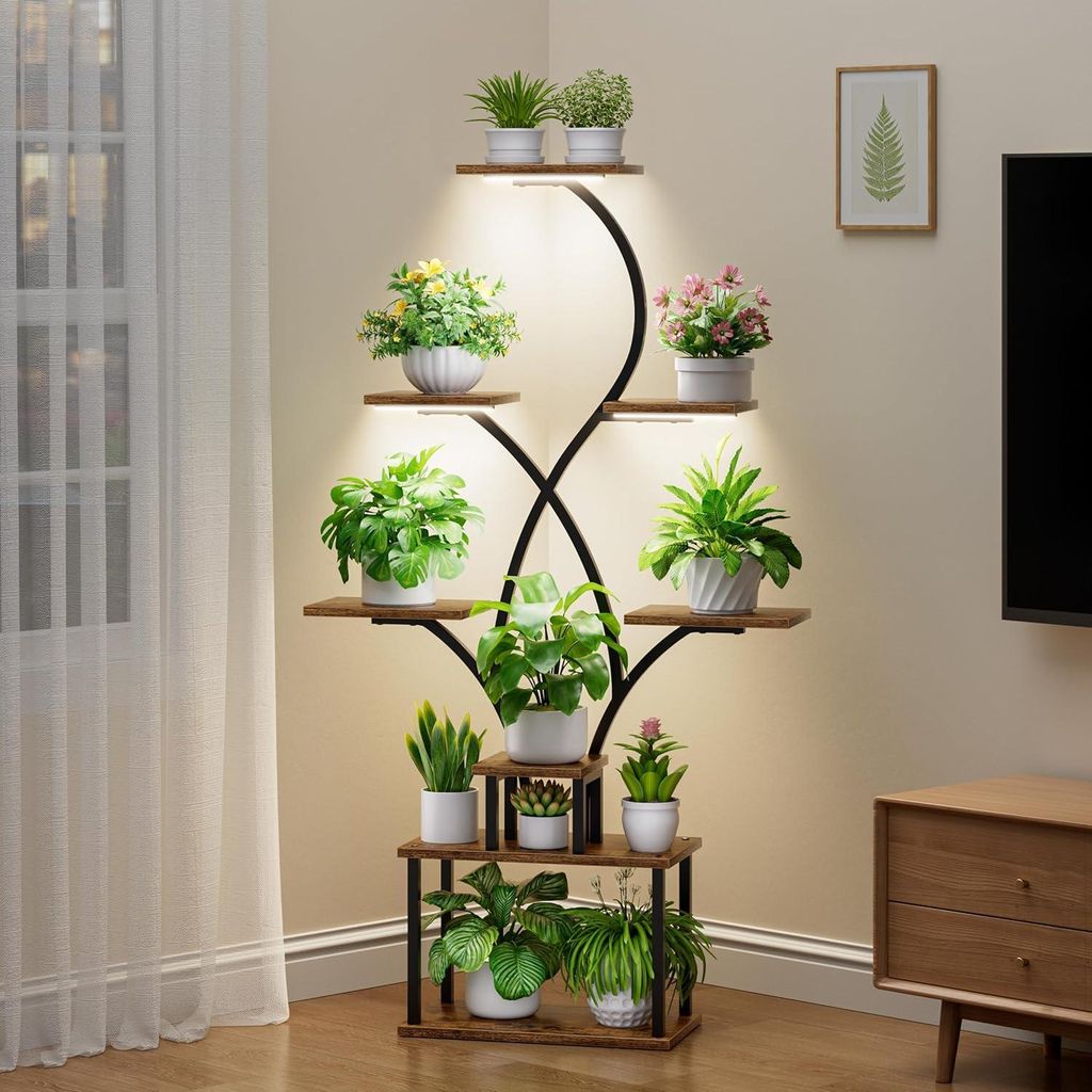 Pflanzenregal mit Wachstumslampe 8 Ebenen - 158 cm Metall Holz Pflanzenständer für drinnen und draußen Blumentreppe dekorativ schwarz für Garte...