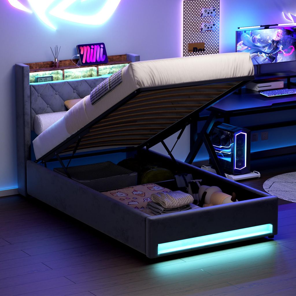 MODFU Boxspringbett 90×190 mit bettkasten,Polsterbett mit Stauraum,Funktionsbett mit USB-Anschluss & LED-Licht,Sicheres Design mit gepolsterten Ka...