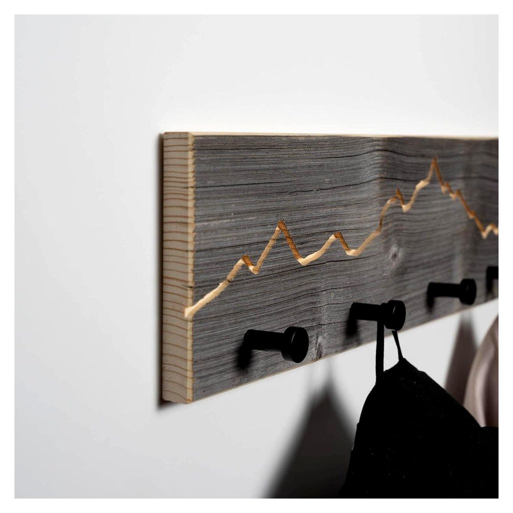 Garderobe aus Altholz mit Bergmotiv - Hakenleiste aus echtem Holz, schwarze Haken für Flur oder Büro - Wandgarderobe, rustikale Garderobenleiste ...