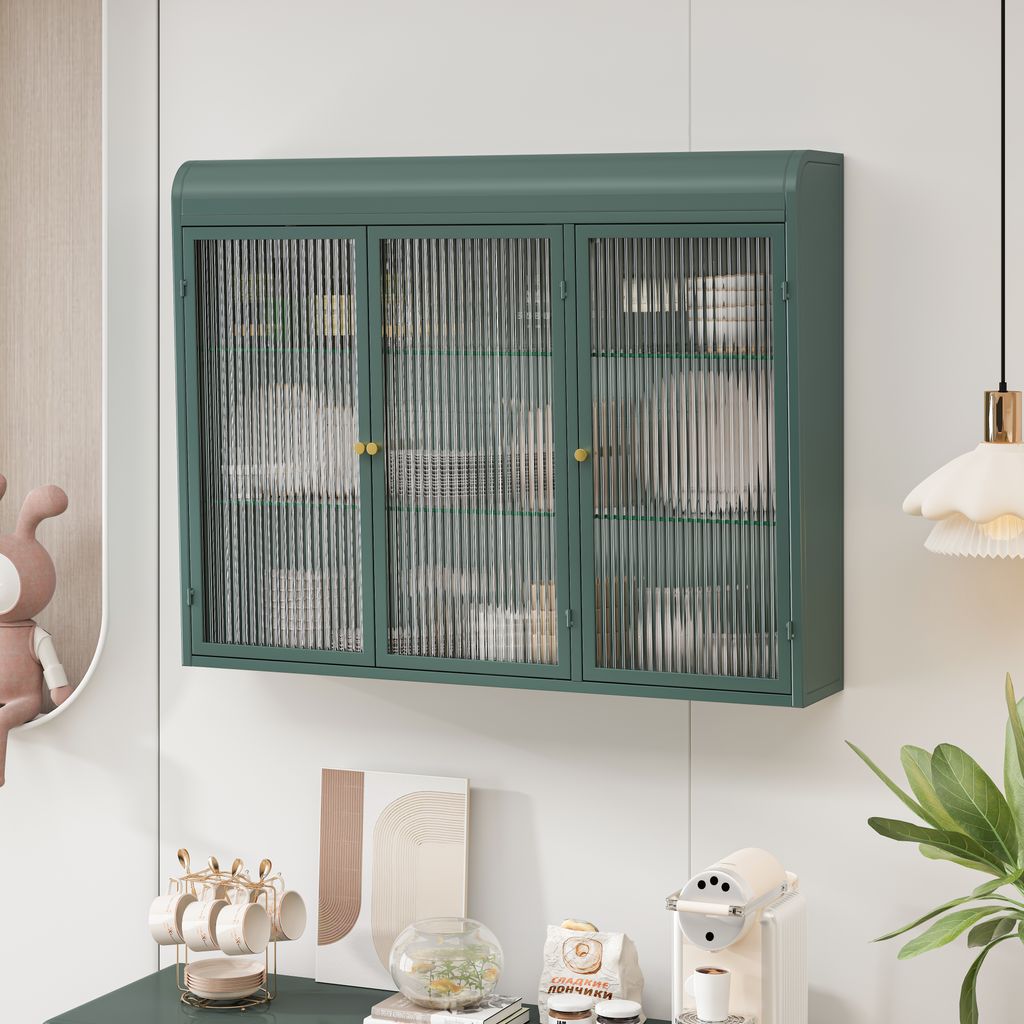 MODFU Wohnwand,Sideboard,Beistellschrank mit 3-türige,ewölbte Glasschränke, für Küche, Wohnzimmer und Badezimmer ,Grün