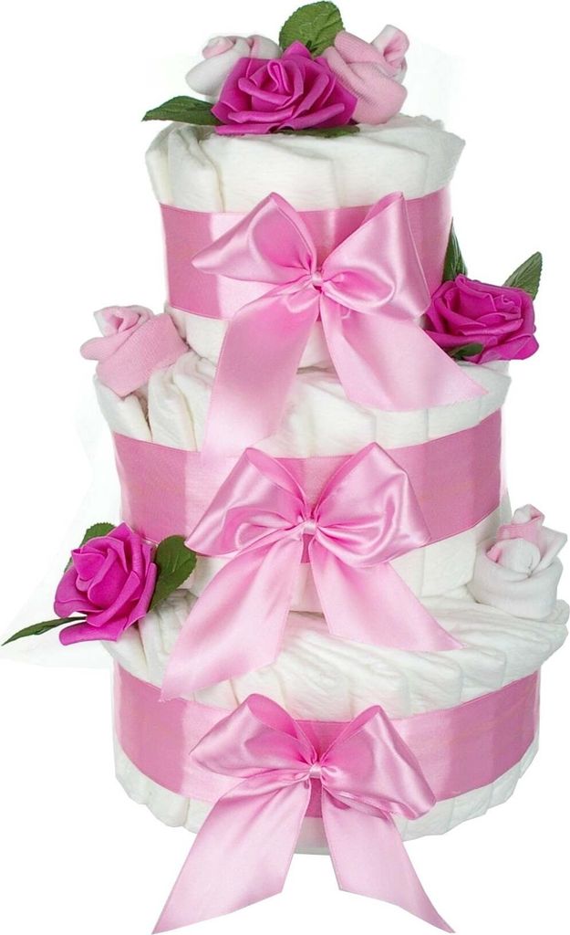 Große Windeltorte Rosenblüte | 3-stöckig rosa