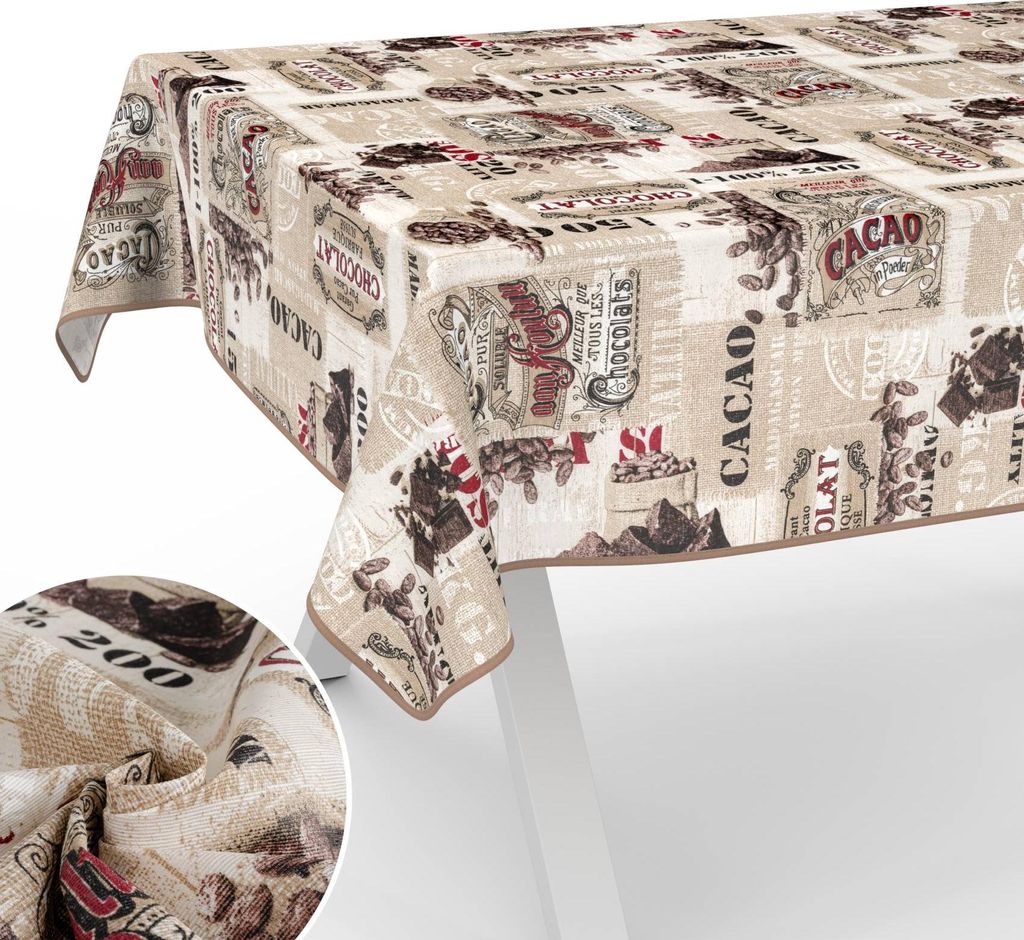Tischdecke Kakao - Schokolade mit Tee und Kaffee aus Textil Tischtuch mit Beschichtung Tischwäsche American Beige Breite 140cm Länge 180cm mit Pa...