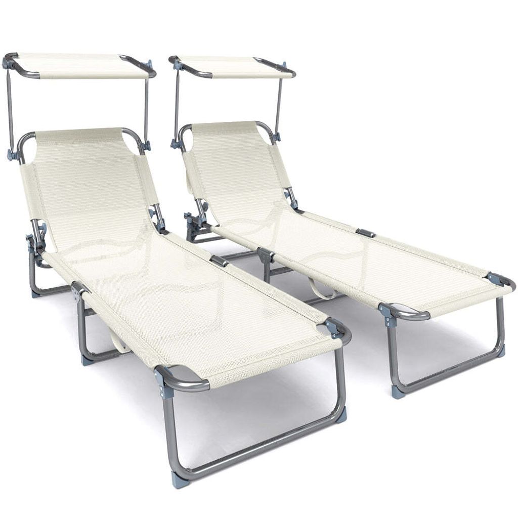 VOUNOT 2er Set Sonnenliege Klappbar, Gartenliege Strandliege mit Sonnenschutz und Verstellbarer Rückenlehne, Beige