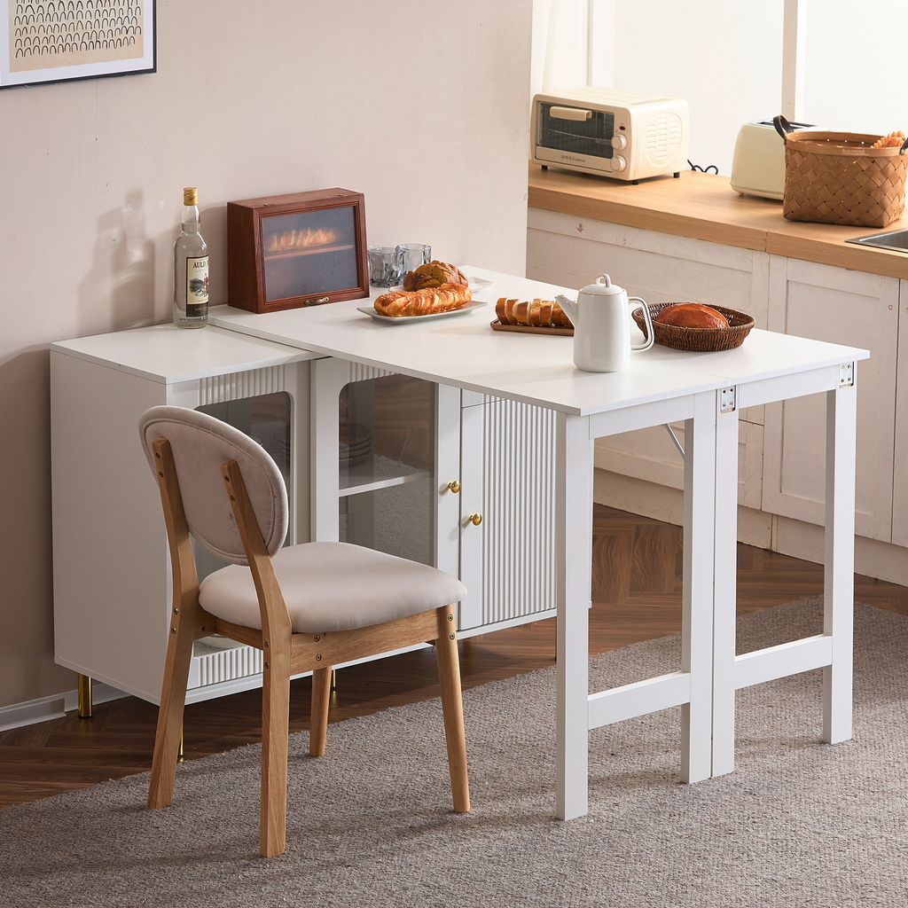 okwish Modernes weißes kreatives Buffet Sideboard mit klappbarem Ausziehtisch, goldene Metallbeine, Glasschiebetüren, verstellbare Einlegeböden ...