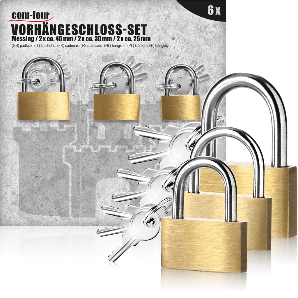 com-four 6x Vorhängeschloss aus massivem Metall - Vorhangschloss mit Schlüssel und verschiedenen Bügelstärken