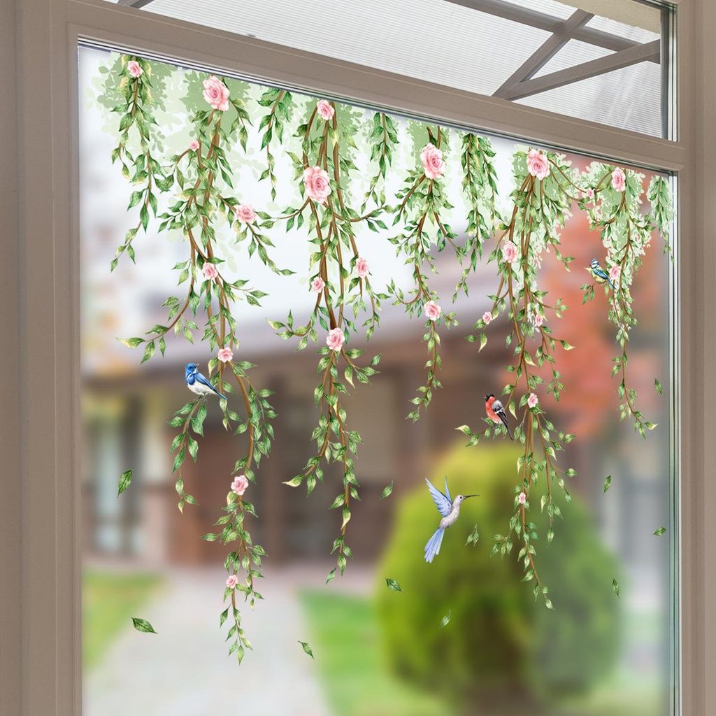 Fenstersticker Blumen Ranken mit Vögeln – Selbstklebende Produktbild 