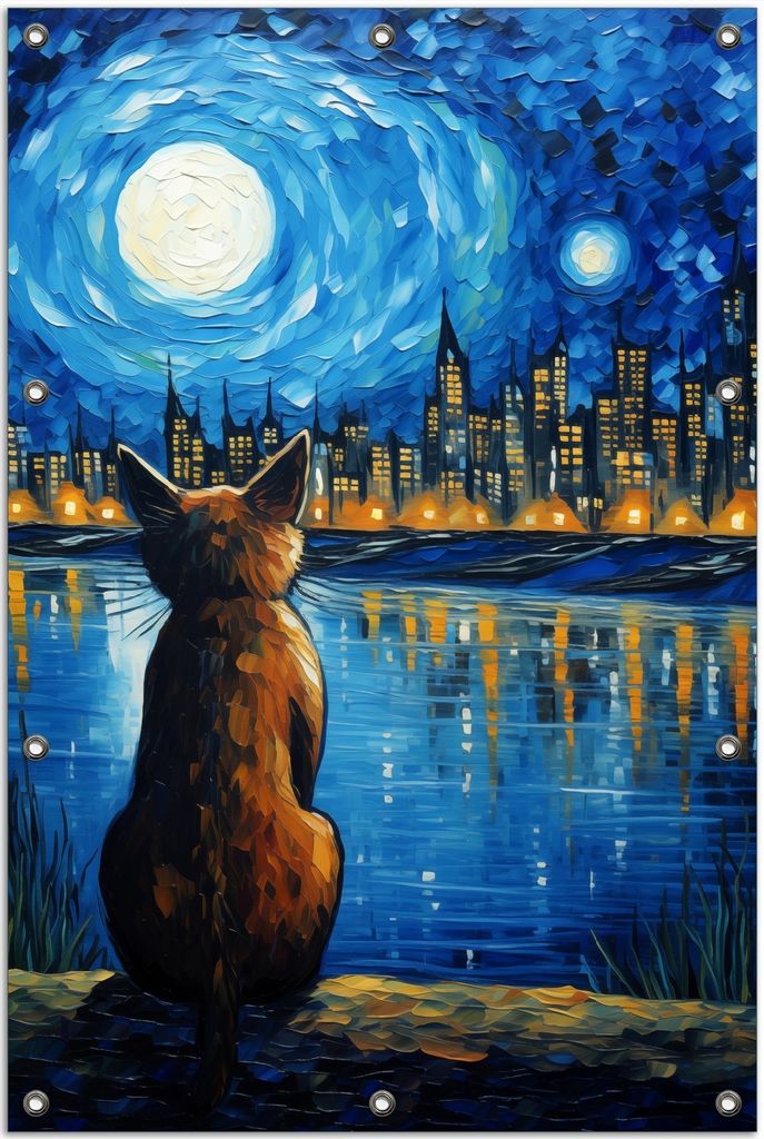 Wallario Outdoor-Poster für Garten oder Balkon, Motiv Katze im Mondschein, in ca. 80 x 120 cm
