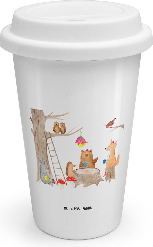 Mr. & Mrs. Panda Thermobecher Waldtiere Picknick - Weiß - Geschenk, Fuchs, Hase, Igel, Tiermotive, Isolierbecher, ToGo Kaffeebecher, Mehrwegbecher...