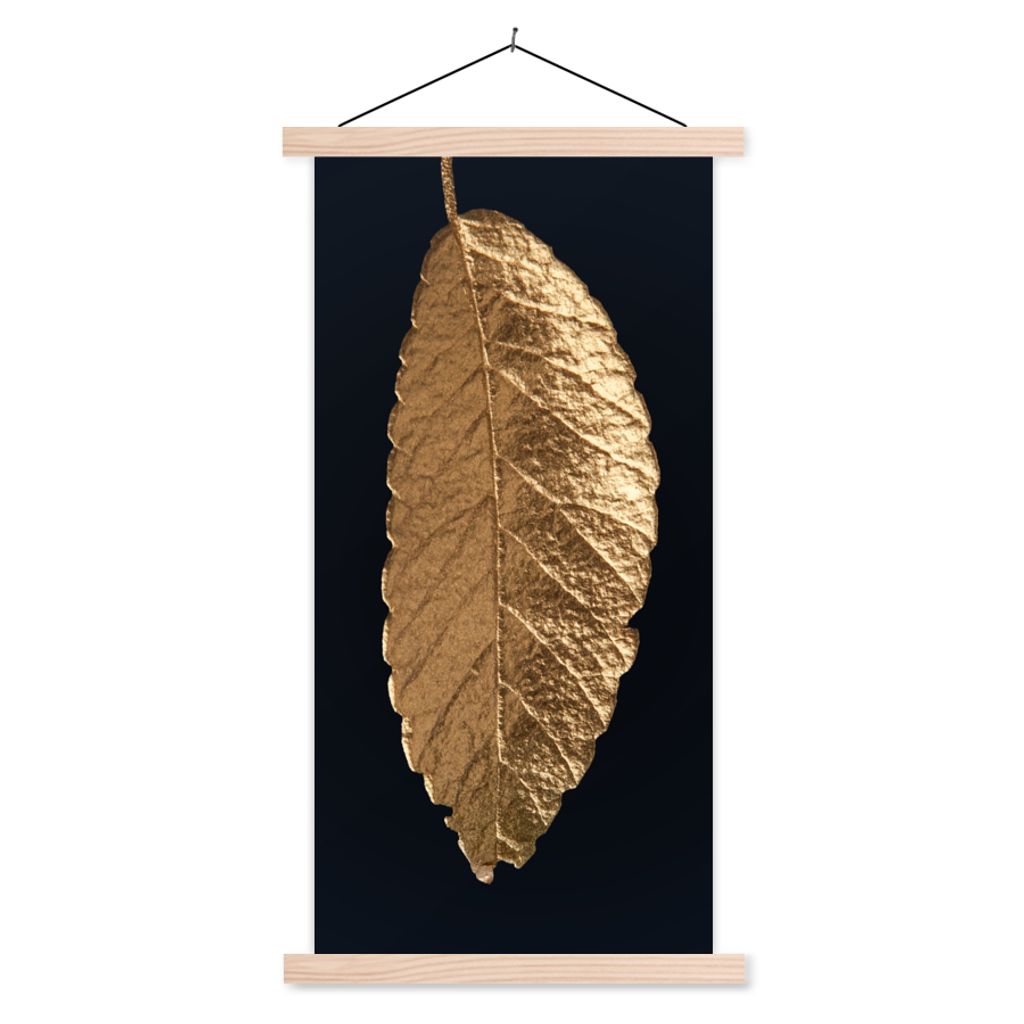 MuchoWow Textilposter Blätter - Schwarz - Gold - Luxus - Natur 40x80 cm mit holzfarbenen Rahmen - Wohnzimmer