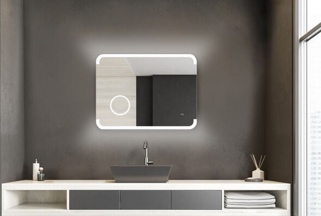 Badspiegel mit Beleuchtung TALOS LED Harmony - 80 x 60 cm - hinterleuchtetem Raumlicht - beleuchteter Kosmetikspiegel 3-Fach Vergrößerung Digitaluhr