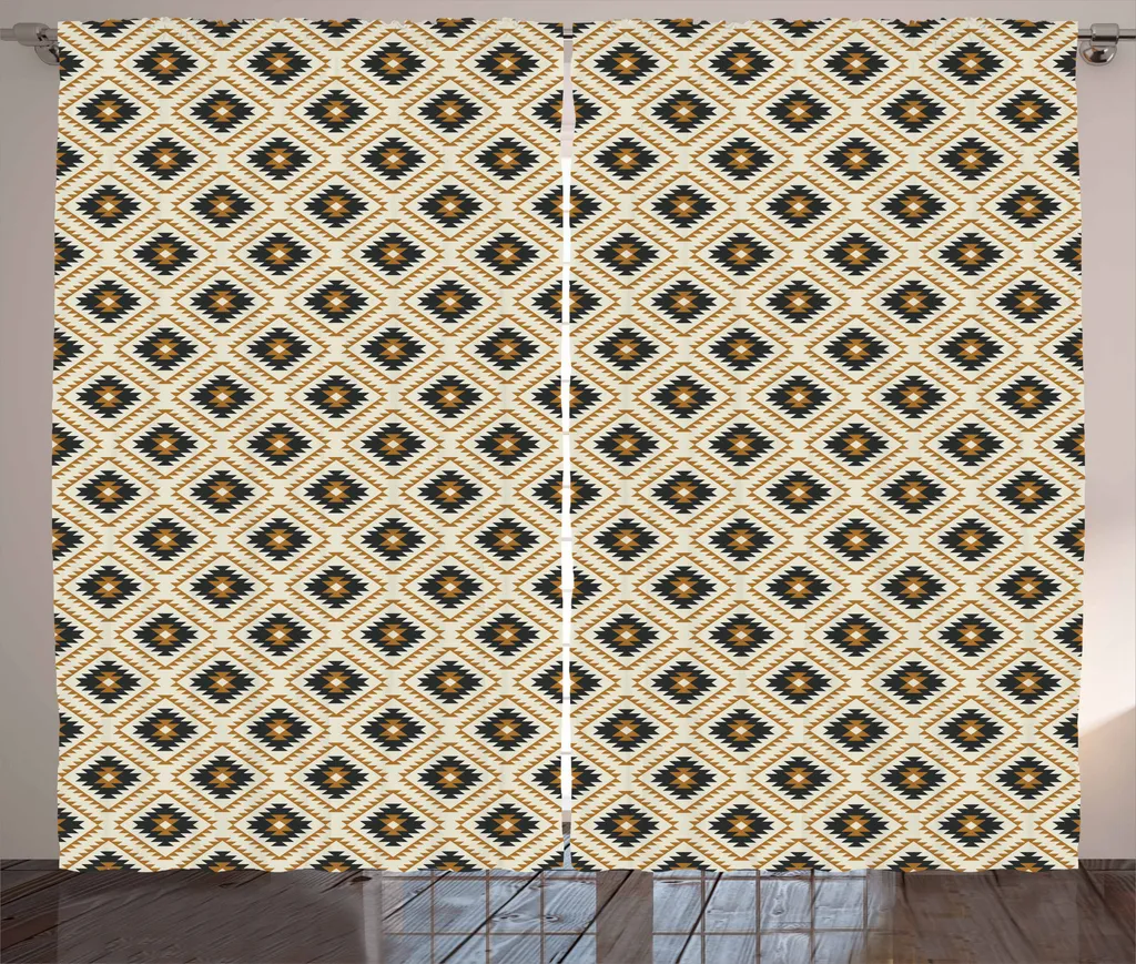 ABAKUHAUS Tenda rustica in stile azteco, motivo boho messicano, tende universali per soggiorno con passanti e ganci, 280 x 175 cm, nero, giallo, beige
