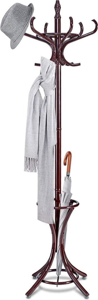 Garderobenstaender 184cm, Kleiderstaender Jackenstaender mit 12 Kleiderhaken & Schirmstaender, Garderobe Kleiderbaum Holz freistehend, Standgardero...