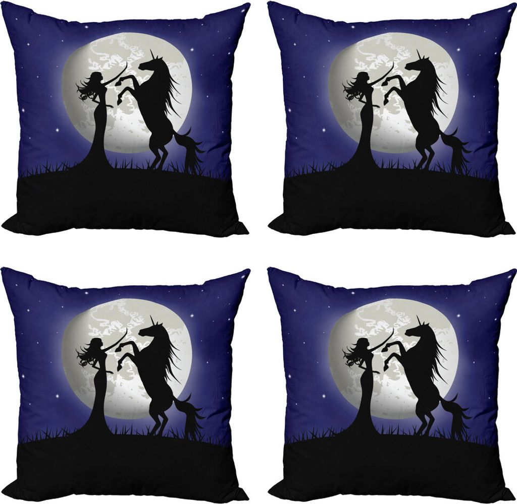 ABAKUHAUS Pferd Kissenbezug Set (4 Stück), Rampant Pferd und Mädchen, Moderner Doppelseitiger Digitaldruck, 50 cm x 50 cm, Marine-Blau und Charcoal
