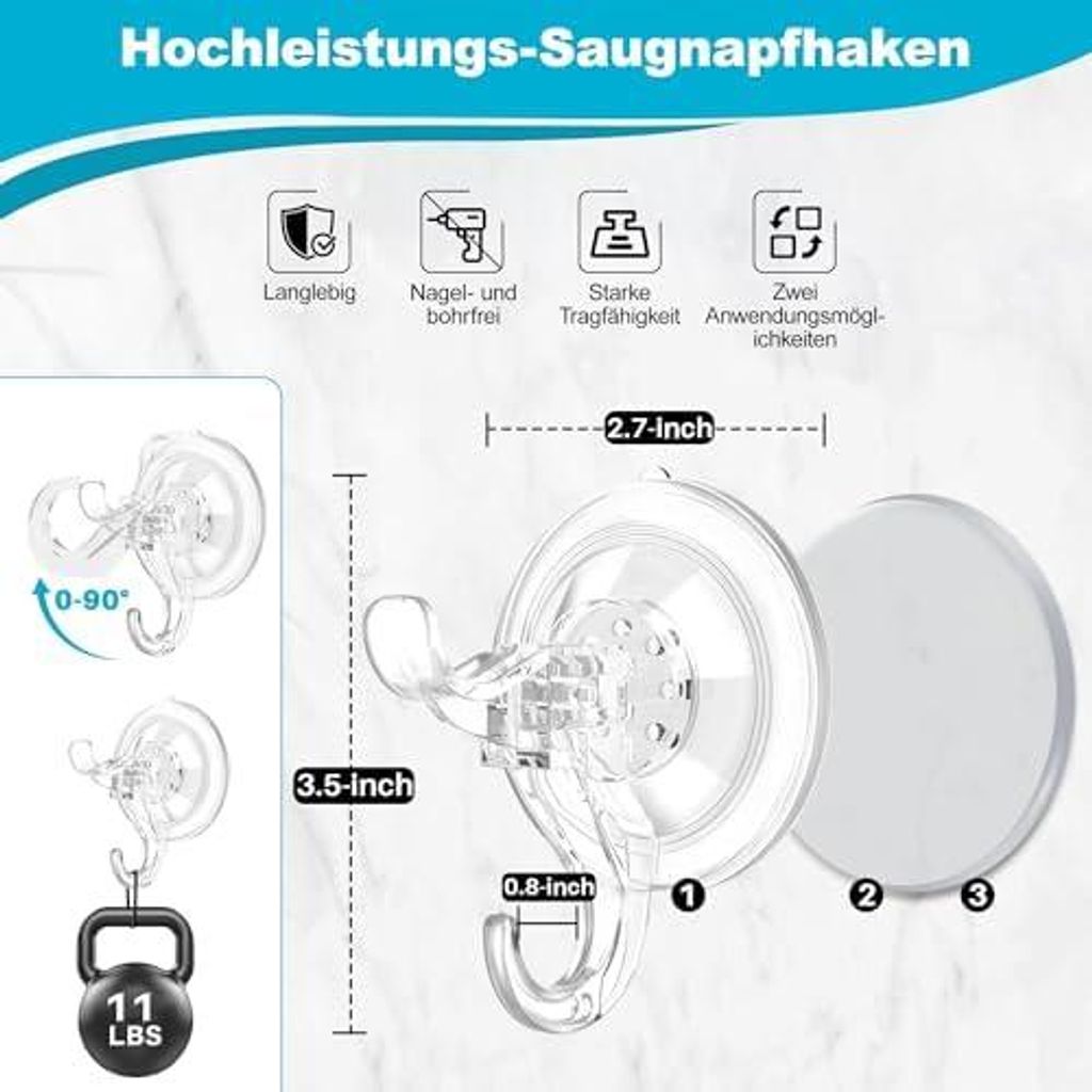 2er-Set Saugnapfhaken Ohne Bohren – Max. 5 Kg, 360° Drehbar, Wasserdicht, Für Bad, Küche, Flur