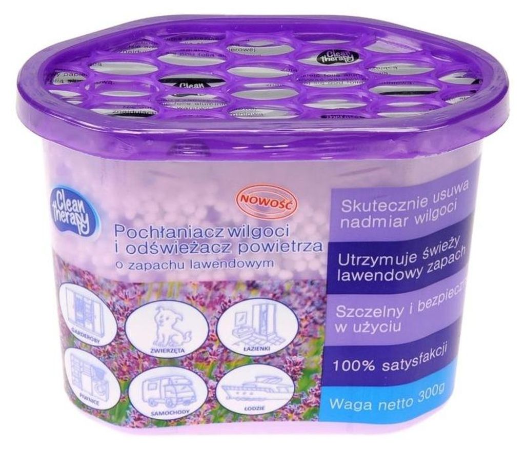 A product shot of a lavender-scented moisture absorber and air freshener.