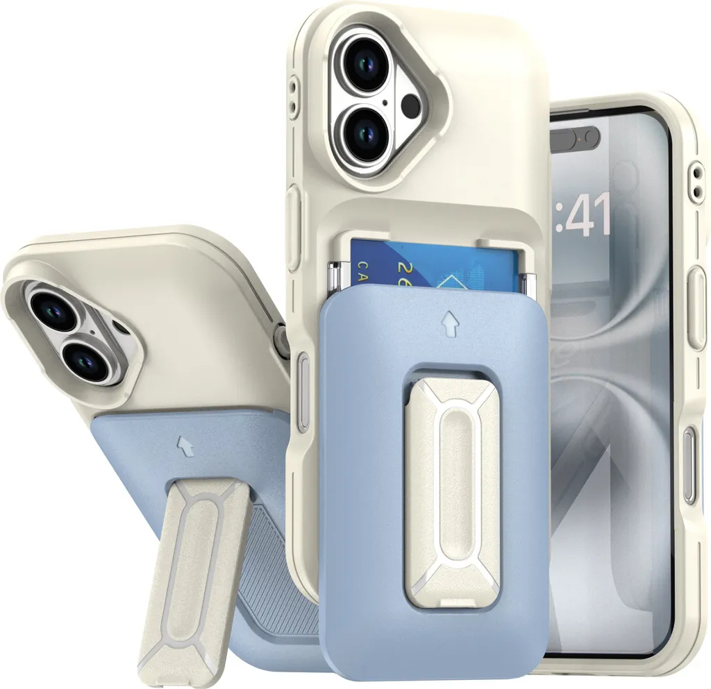 Cover Portafoglio iPhone 16 Blu - Custodia TPU Antiurto con Stand