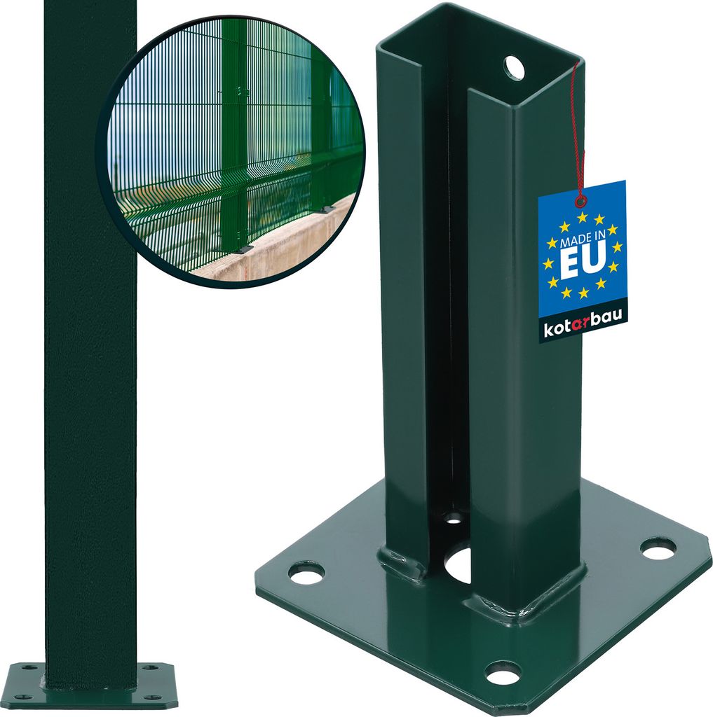 A dark green metal fence post base and a section of fence post are shown against a white background. A close-up inset shows a section of green fence.