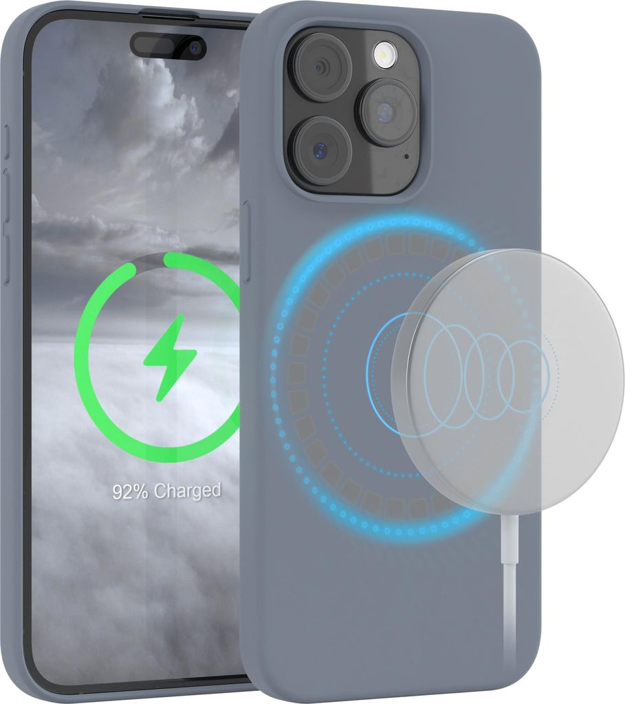 EAZY CASE Silikon MagSafe Handyhülle kompatibel mit Apple iPhone 15 Pro Max Hülle mit Kameraschutz, Silikonhülle, Schutzhülle Grau
