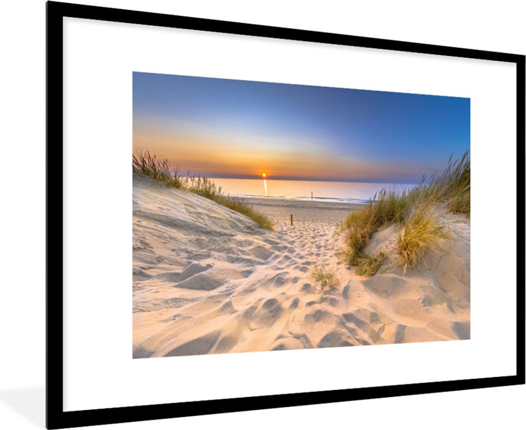 MuchoWow Gerahmtes Poster Düne - Sonnenuntergang - Horizont - Strand - Gras 90x60 cm - Poster mit Schwarzem Bilderrahmen Wandposter Rahmen Foto ...