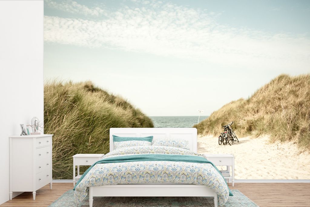 MuchoWow Fototapete für Wohnzimmer oder Schlafzimmer Wandtapete Vinyl Motivtapete Strand - Düne - Fahrrad - 450x300 cm - Gemusterte