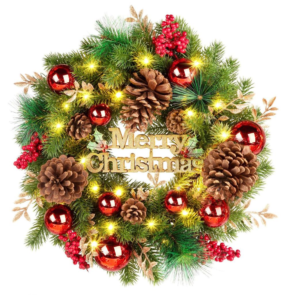 Weihnachtskranz mit LED, 50 cm, rot-grün, Beeren, Tannenzapfen