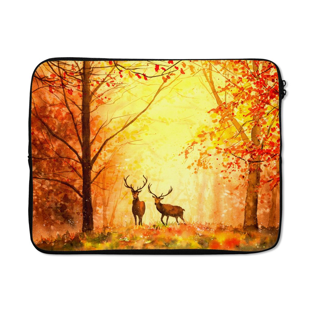 MuchoWow Laptop Hülle 17 Zoll Laptoptasche Natur - Ölfarbe - Hirsche - Tiere - Herbst - Orange - Zipper - Schutzabdeckung