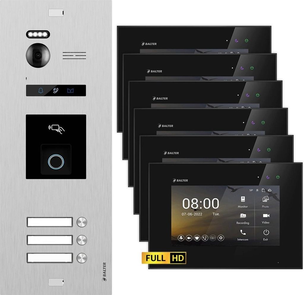 BALTER EVO HD Silber RFID/Fingerprint 6x7" Schwarz Video Türsprechanlage Set 3 Familienhaus