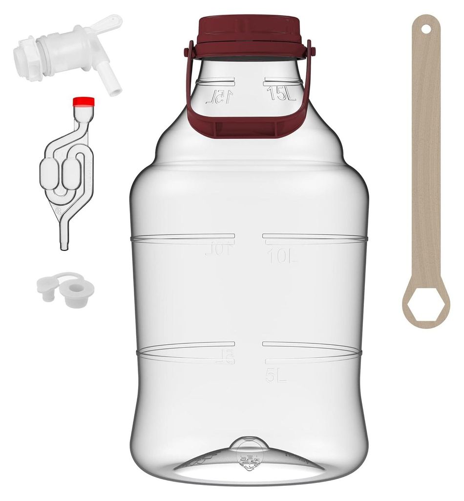 A clear shot of a 15-liter plastic wine fermenter with various accessories, including a spigot, airlock, and a wrench.