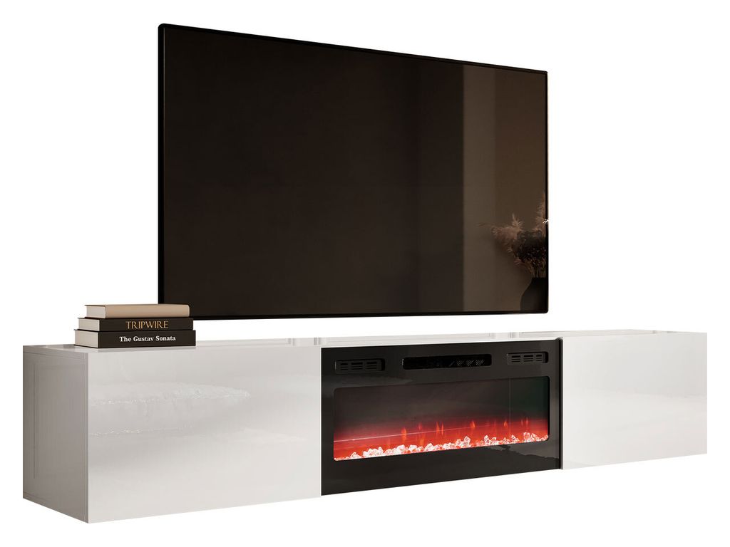 A modern white TV stand with a built-in electric fireplace and a large flat-screen TV mounted above it.