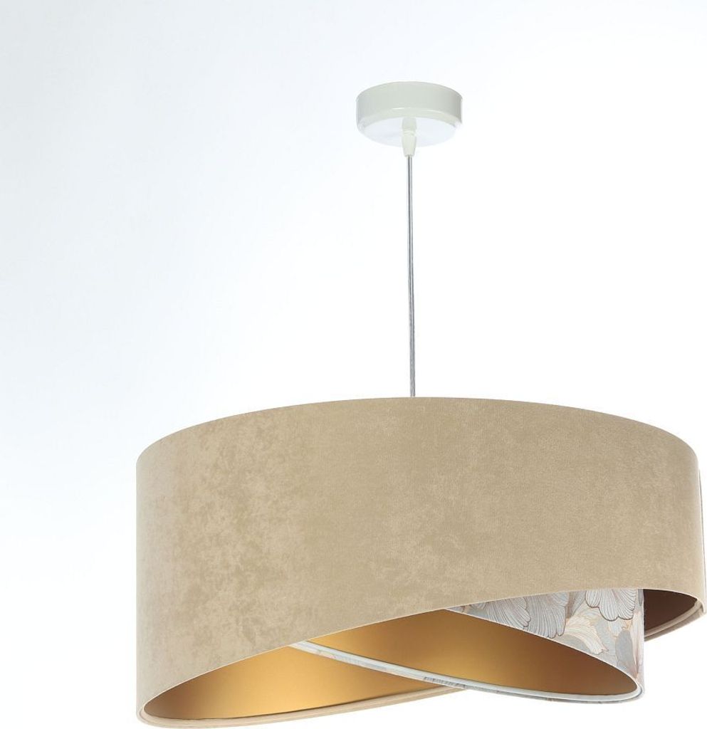 Hängelampe Stoff Metall E27 rund D: 50 cm H: max. 102 cm in Weiß Beige Grau (Abstrakt-Floral Print) Gold Pendelleuchte