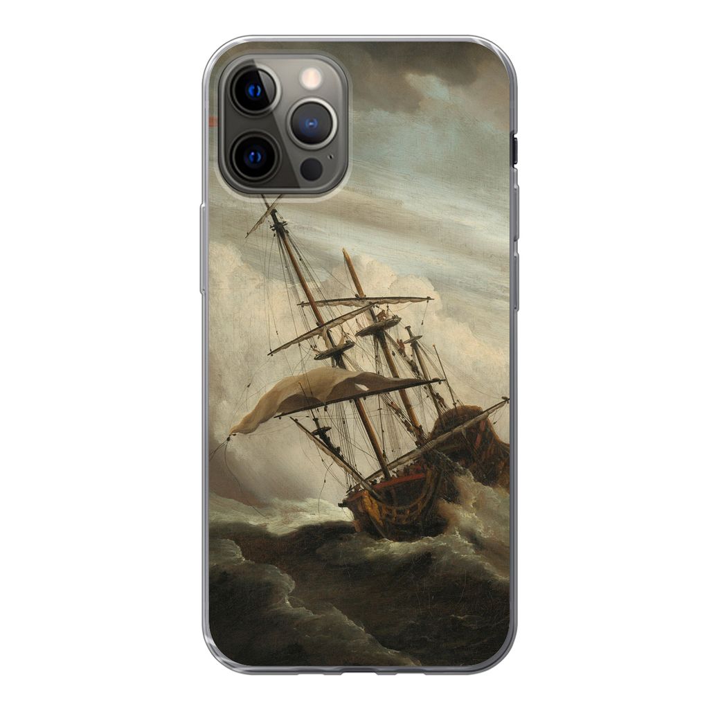 MuchoWow Handyhülle Schutzhülle Hülle für iPhone 12 Pro Ein Schiff auf offener See während eines Sturms - Gemälde von Willem van de Velde S...