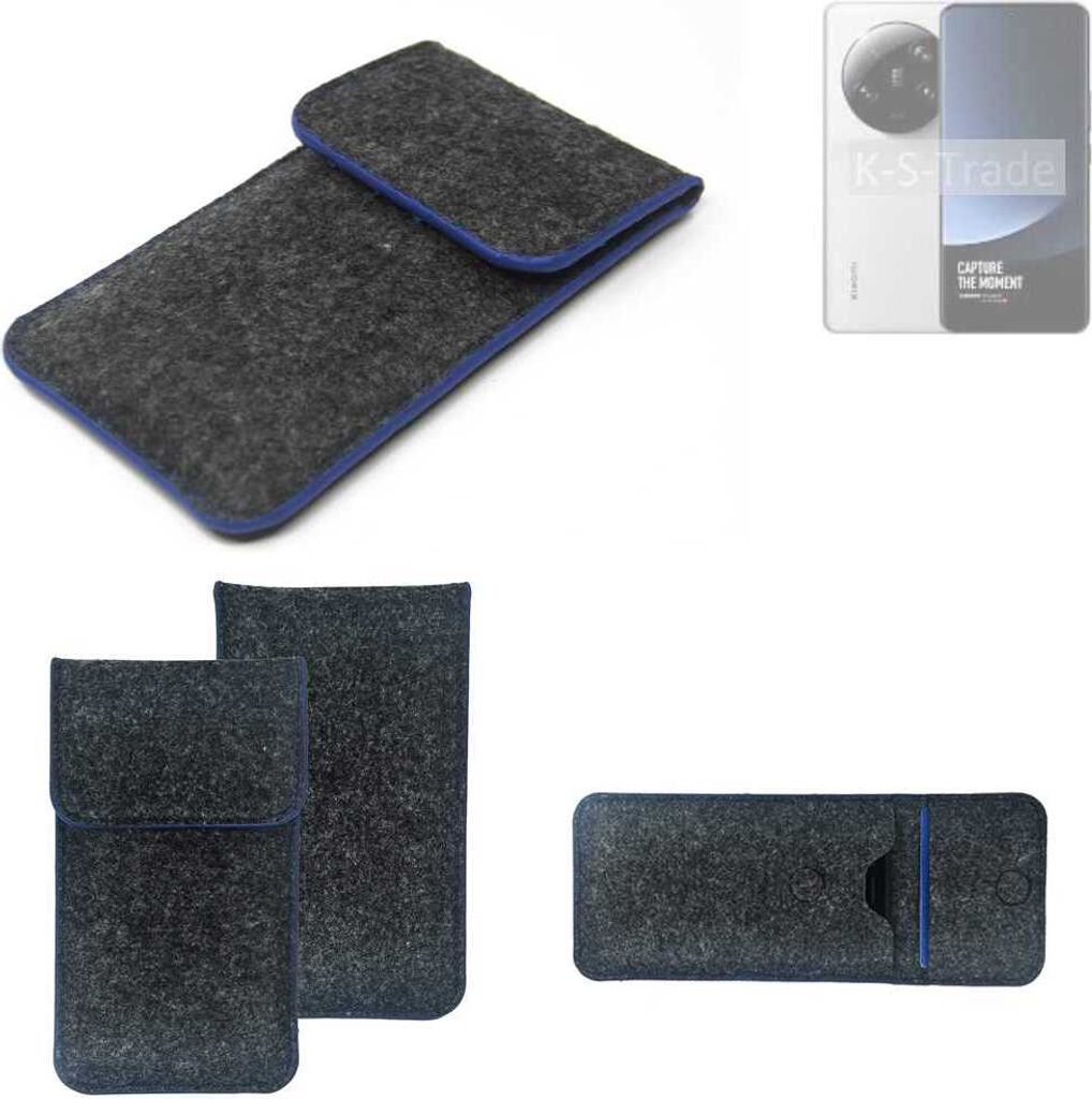K-S-Trade Handy-Hülle Schutz-Hülle kompatibel mit Xiaomi 13 Ultra Filztasche Pouch Tasche Case Sleeve Filzhülle dunkelgrau, blauer Rand