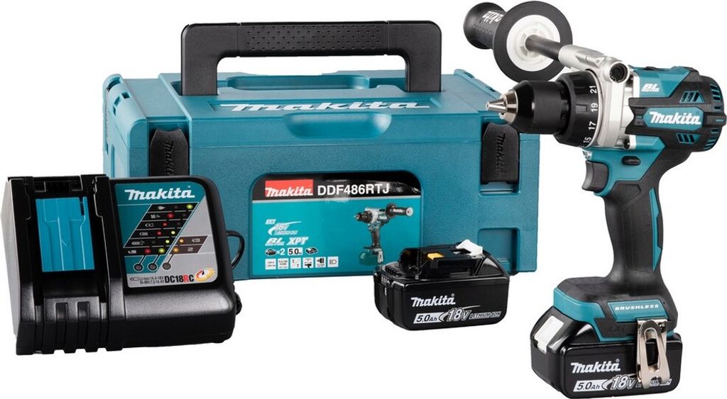 A Makita cordless drill set including the drill, two batteries, a charger, and a carrying case, displayed on a white background.