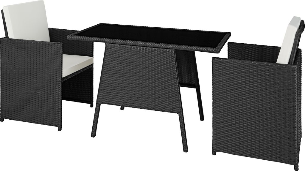 A black rattan dining set with white cushions, consisting of a table and two chairs, on a white background.