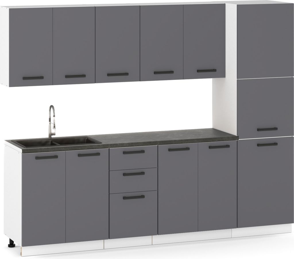 ULWEHOME Küchenmöbel Küchenmöbel-Set Küche Milan 260 cm Vorratsschrank | Unterschrank - Regal - Arbeitsplatte - Vorratsschrank | Anthrazit 2,6 m