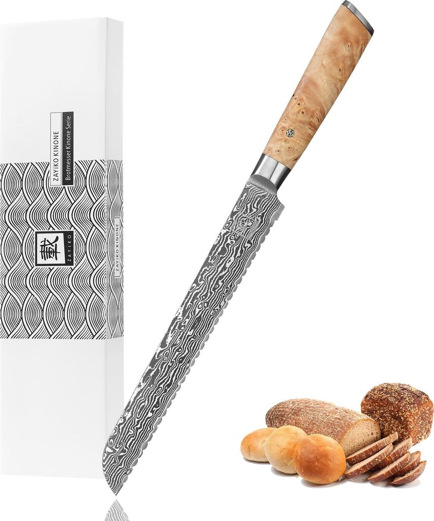 Zayiko Kinone Damast langes Brotmesser I 23 cm Klinge I Wurzelholzgriff Birke