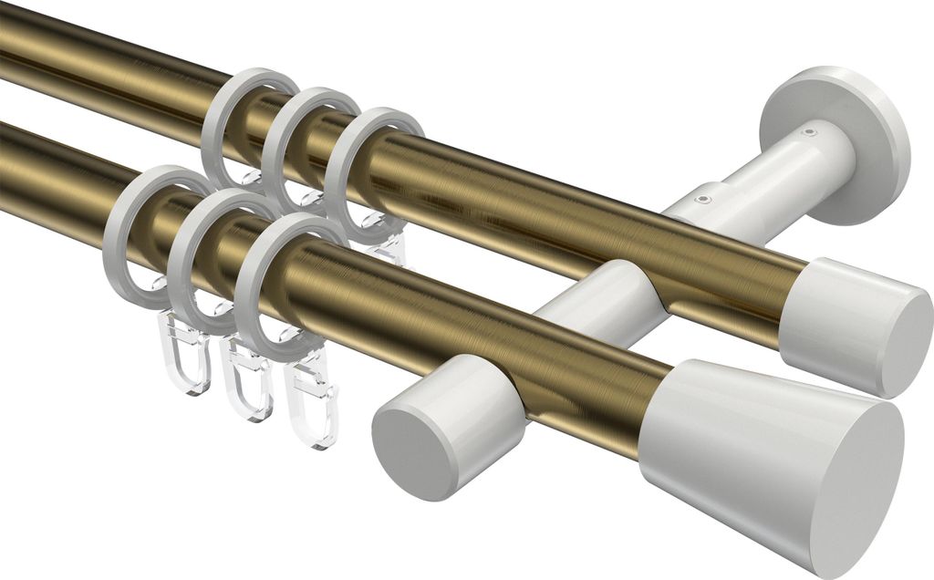 Interdeco Gardinenstange / Vorhangstange Messing Antik / Weiß, Typ Prestige Sitra (Konus), 20 mm Ø 2-läufig, 320 cm