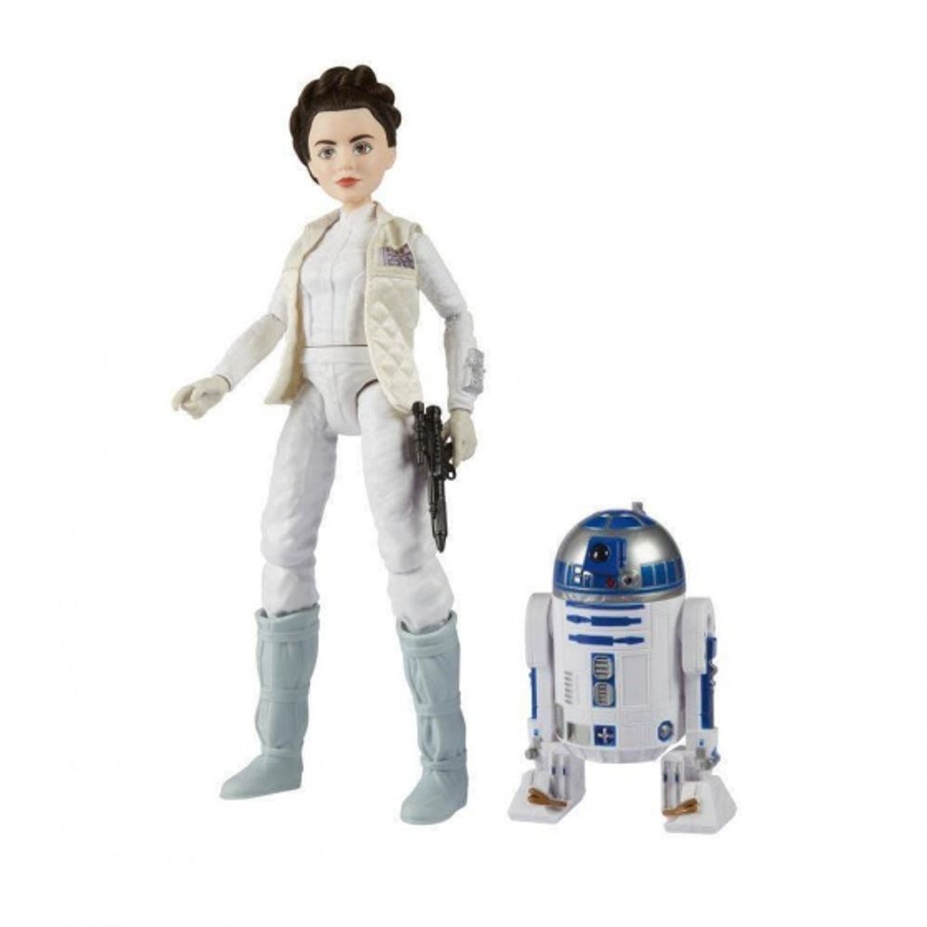 A Star Wars Princess Leia action figure and R2-D2 droid are displayed against a white background.